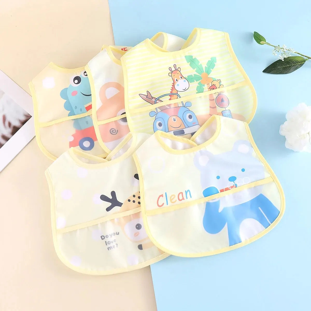 5PCS Cartoon Animal Baby Bibs – Waterproof Feeding Aprons for Boys & Girls | Adjustable Toddler Saliva Bibs