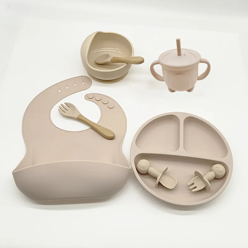 8-Piece Baby Silicone Feeding Set – Suction Bowl, Suction Plate, Fork, Spoon, Bib, Sippy Cup & Training Cup | Safe, BPA-Free Children’s Tableware Set