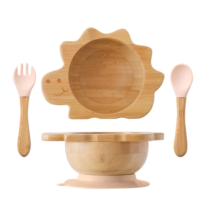 Baby Wooden Tableware Set – Bamboo Plate & Bowl with Silicone Suction Base + Wooden Handle Fork & Spoon | Cartoon Sheep Feeding Set for Toddlers & Kids