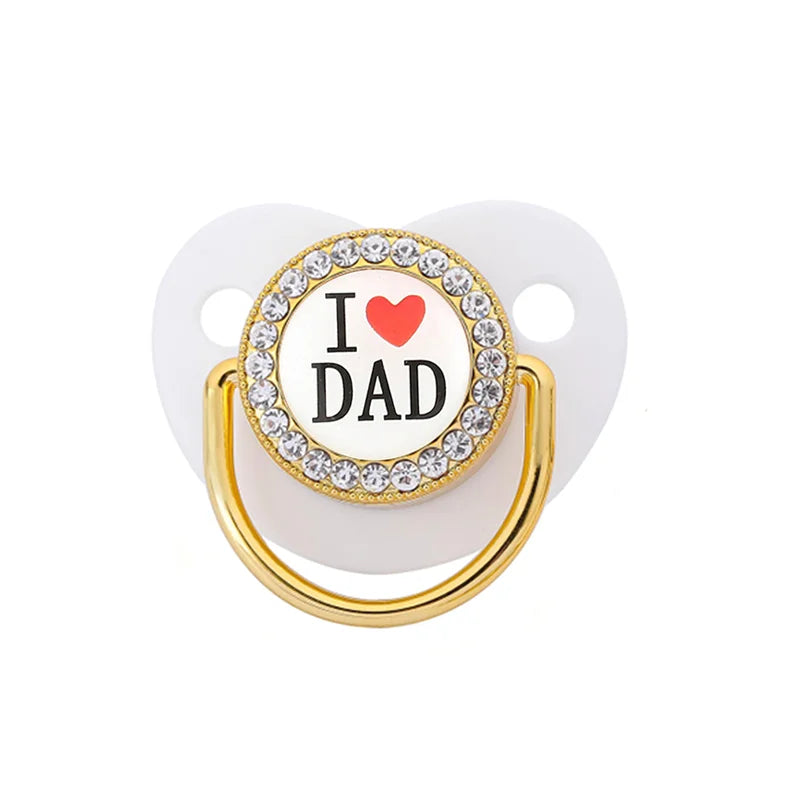 Bling Rhinestone Baby Pacifier – BPA-Free Silicone Newborn Soother with “I Love Mum & Dad” Design | Baby Shower Gift with Cover