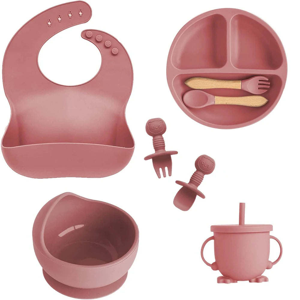 8-Piece Baby Silicone Feeding Set – Suction Bowl, Suction Plate, Fork, Spoon, Bib, Sippy Cup & Training Cup | Safe, BPA-Free Children’s Tableware Set