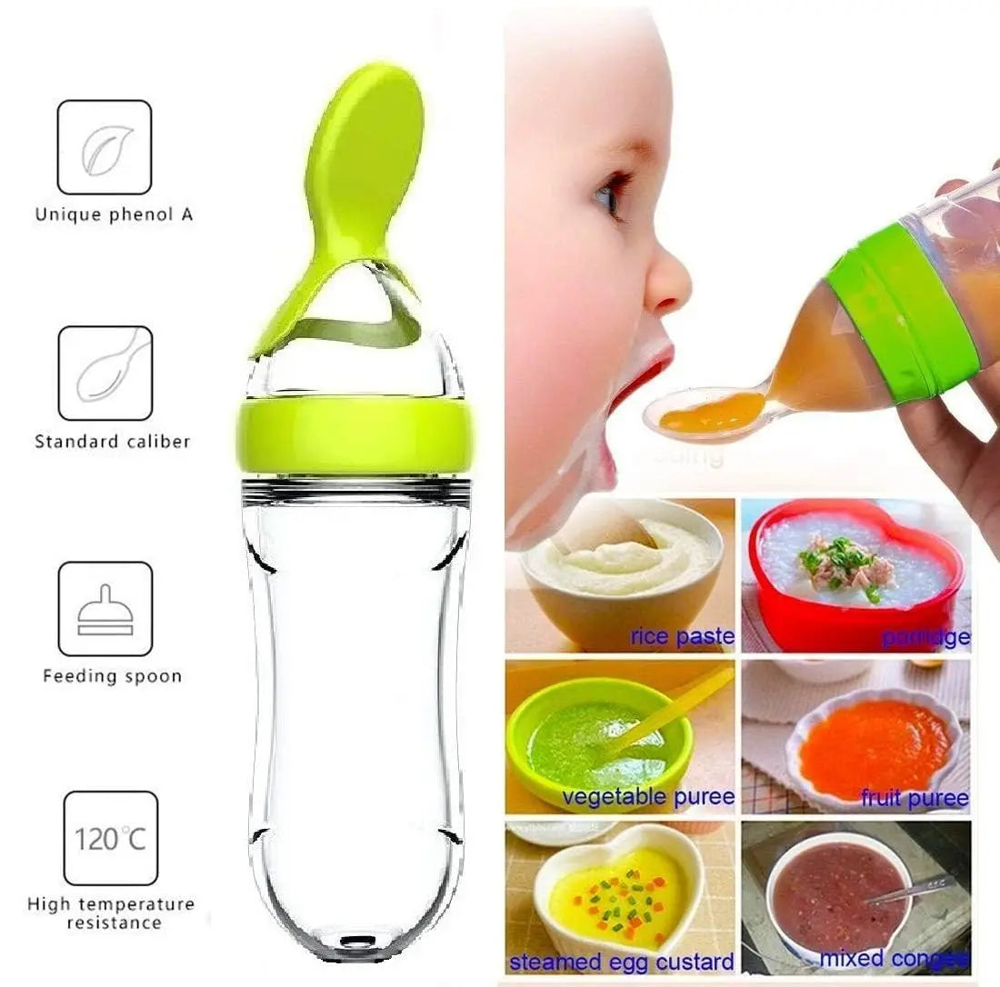 Silicone Baby Squeeze Feeding Bottle with Spoon – Infant Rice Cereal & Puree Feeder | BPA-Free Food Supplement Training Bottle (0–2Y)