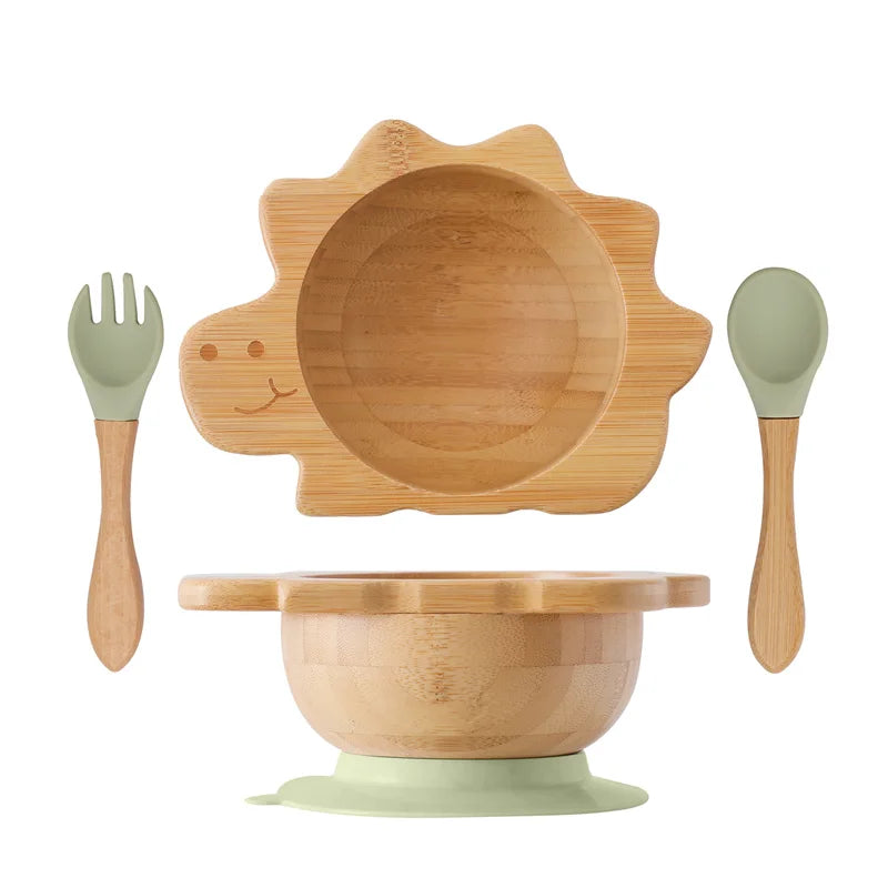 Baby Wooden Tableware Set – Bamboo Plate & Bowl with Silicone Suction Base + Wooden Handle Fork & Spoon | Cartoon Sheep Feeding Set for Toddlers & Kids