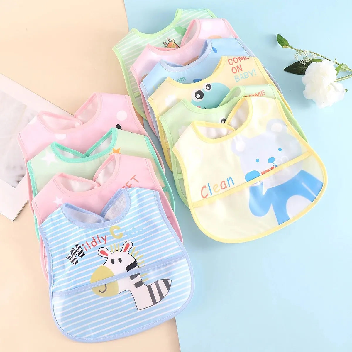 5PCS Cartoon Animal Baby Bibs – Waterproof Feeding Aprons for Boys & Girls | Adjustable Toddler Saliva Bibs