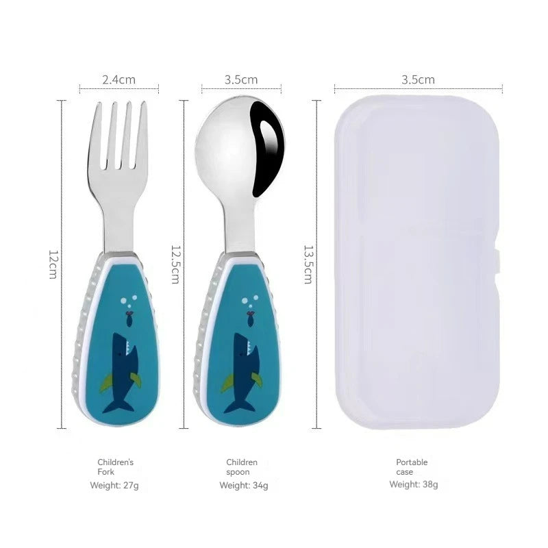 2PCS Toddler Utensils Set – Stainless Steel Spoon & Fork with Cute Cartoon Dinosaur Short Handle | Kids Feeding Cutlery