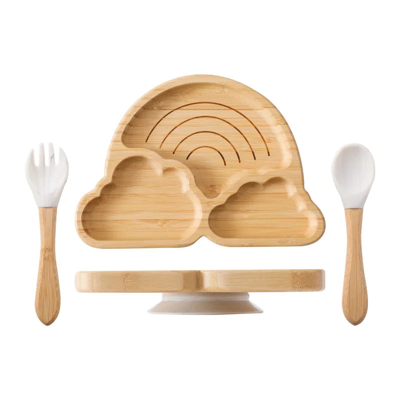 Baby Wooden Tableware Set – Bamboo Plate & Bowl with Silicone Suction Base + Wooden Handle Fork & Spoon | Cartoon Sheep Feeding Set for Toddlers & Kids