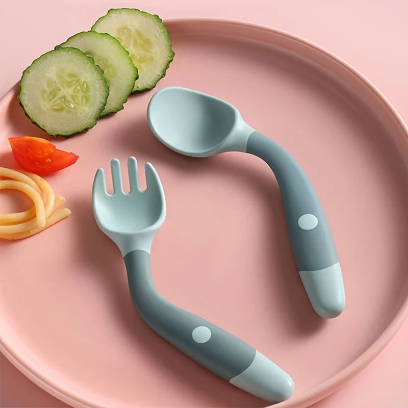 Bendable Baby Fork & Spoon Set – Soft Silicone Training Utensils | Adjustable Angle Toddler Feeding Tableware