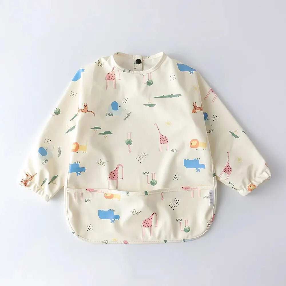 1pc Waterproof Long Sleeve Baby Bib with Pocket – Full Cover Feeding Apron Smock for Kids & Toddlers with Storage Bag