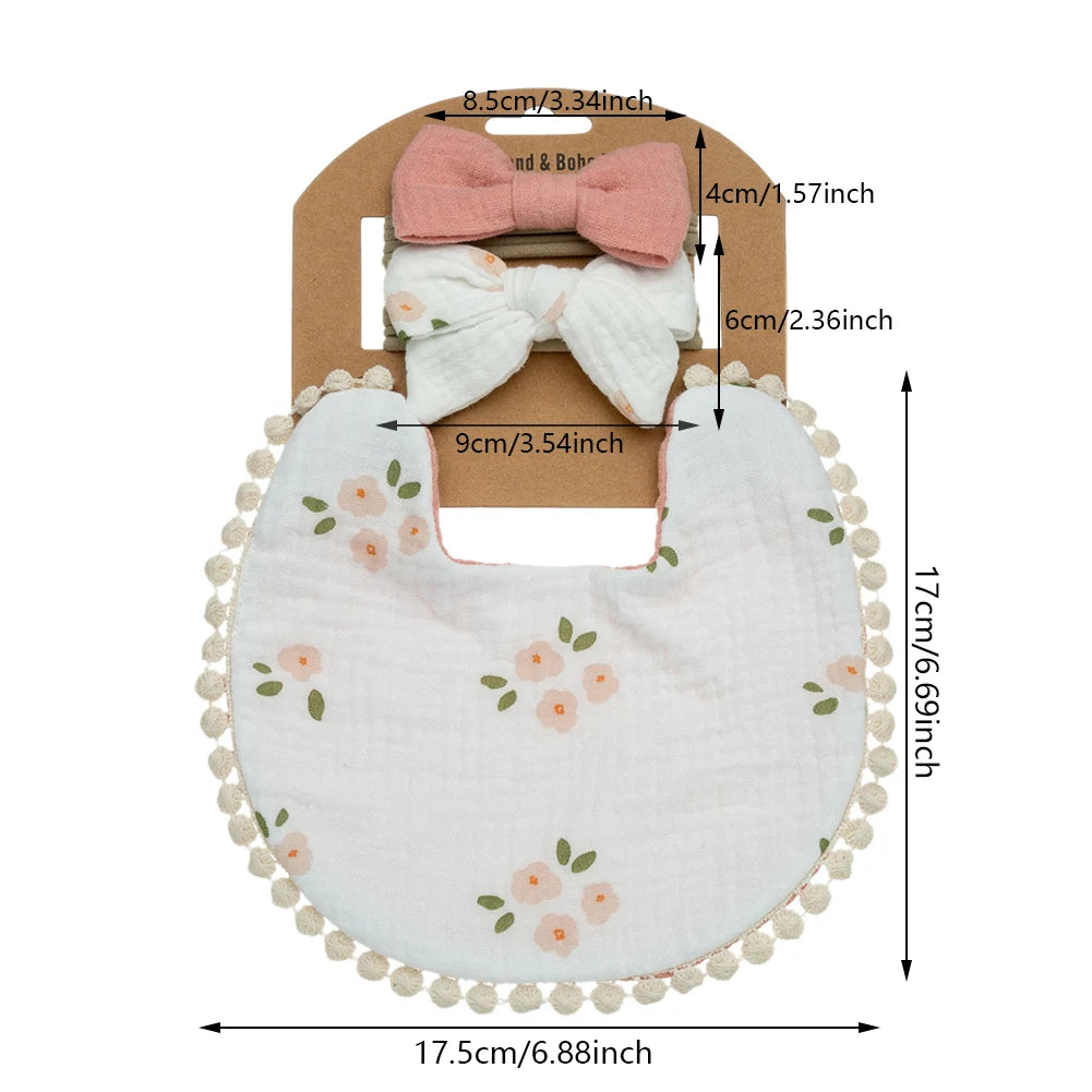 3PCS Baby Bib & Headband Set – Floral Linen Double-Sided Feeding Bib, Bow Nylon Hairbands & Burp Cloth | Unisex Baby Accessories