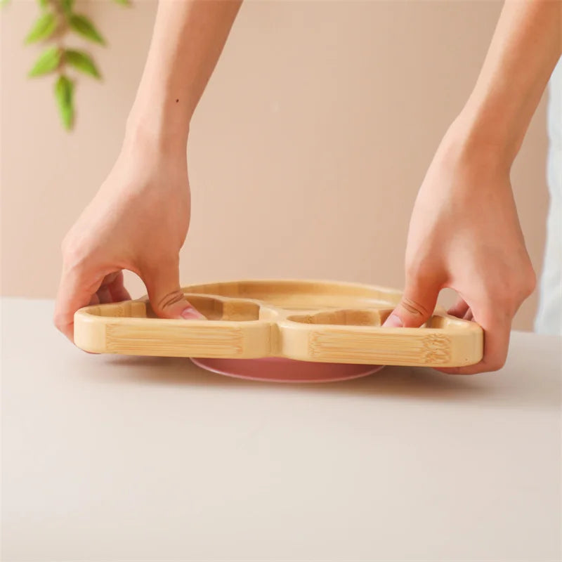 Baby Wooden Tableware Set – Bamboo Plate & Bowl with Silicone Suction Base + Wooden Handle Fork & Spoon | Cartoon Sheep Feeding Set for Toddlers & Kids