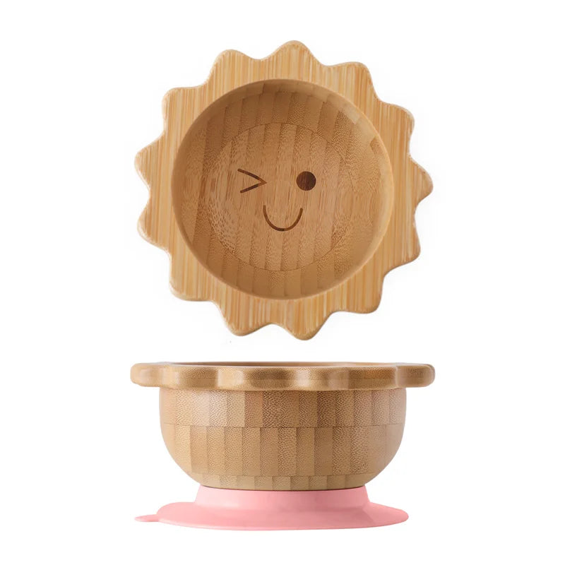 Baby Wooden Tableware Set – Bamboo Plate & Bowl with Silicone Suction Base + Wooden Handle Fork & Spoon | Cartoon Sheep Feeding Set for Toddlers & Kids