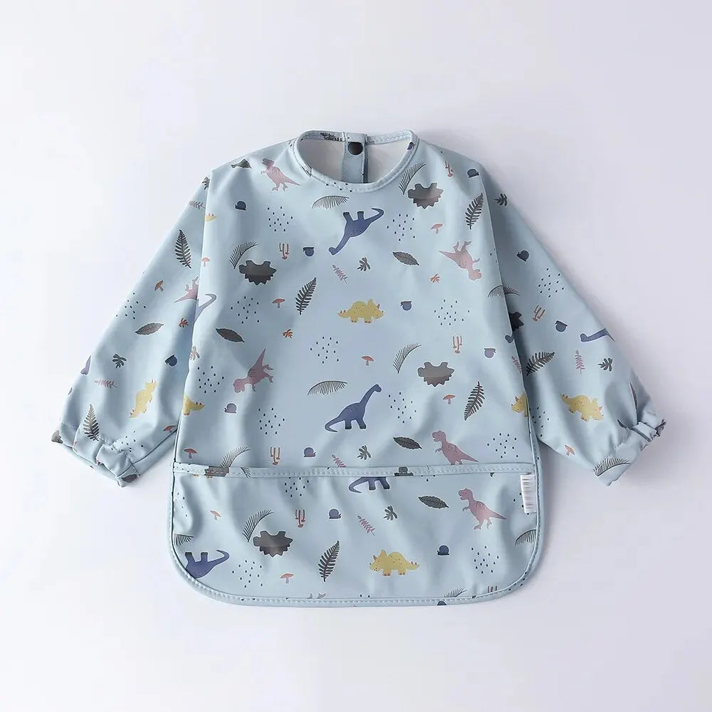1pc Waterproof Long Sleeve Baby Bib with Pocket – Full Cover Feeding Apron Smock for Kids & Toddlers with Storage Bag