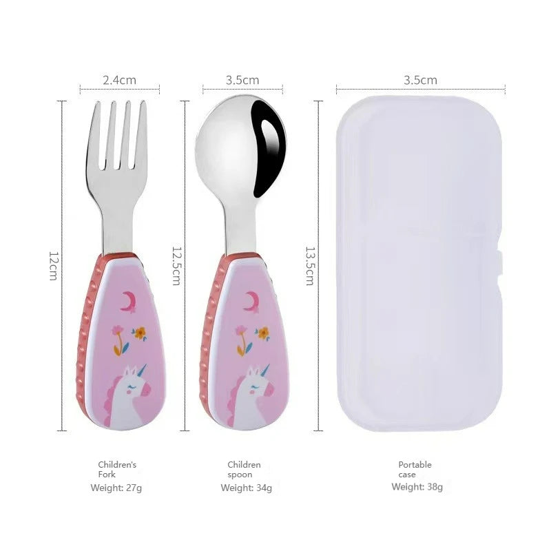 2PCS Toddler Utensils Set – Stainless Steel Spoon & Fork with Cute Cartoon Dinosaur Short Handle | Kids Feeding Cutlery