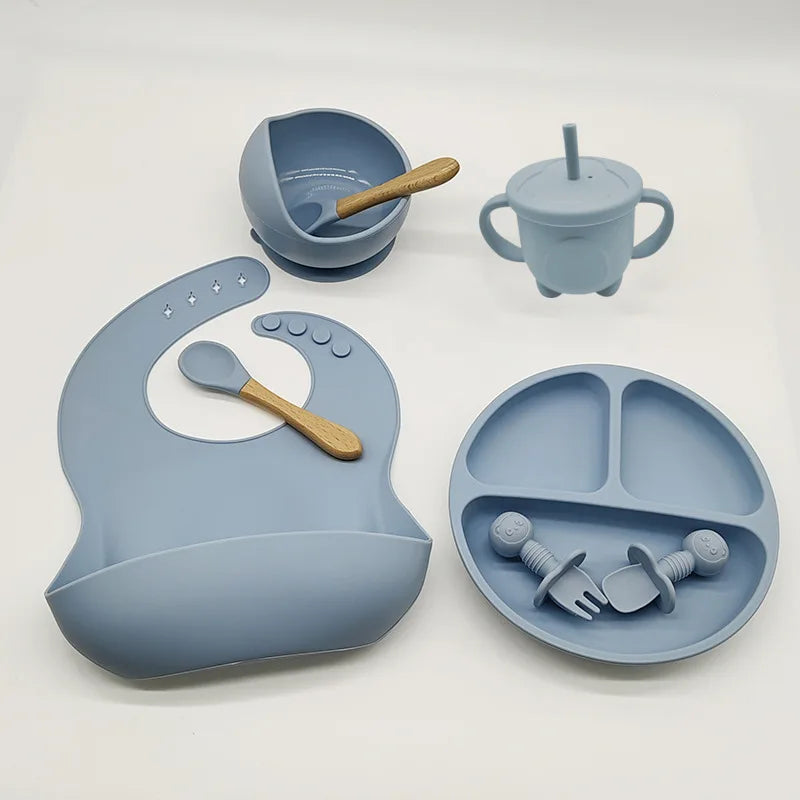 8-Piece Baby Silicone Feeding Set – Suction Bowl, Suction Plate, Fork, Spoon, Bib, Sippy Cup & Training Cup | Safe, BPA-Free Children’s Tableware Set