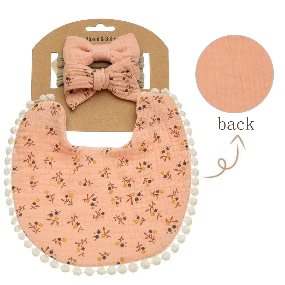 3PCS Baby Bib & Headband Set – Floral Linen Double-Sided Feeding Bib, Bow Nylon Hairbands & Burp Cloth | Unisex Baby Accessories