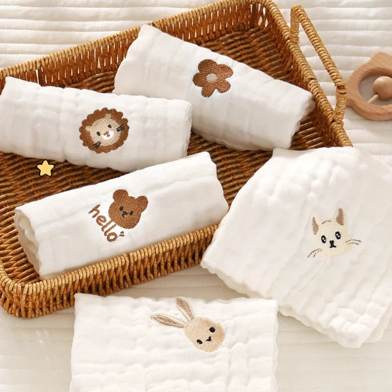 6-Layer Cotton Baby Towels – Embroidered Saliva Towels, Soft Washcloths, Hand & Face Wipes, Burp Cloths for Newborns & Toddlers