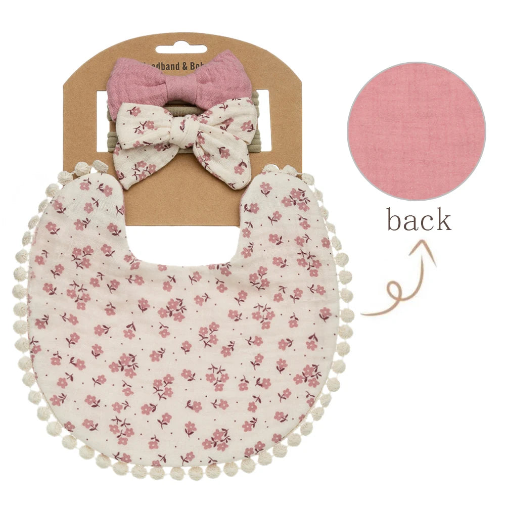 3PCS Baby Bib & Headband Set – Floral Linen Double-Sided Feeding Bib, Bow Nylon Hairbands & Burp Cloth | Unisex Baby Accessories