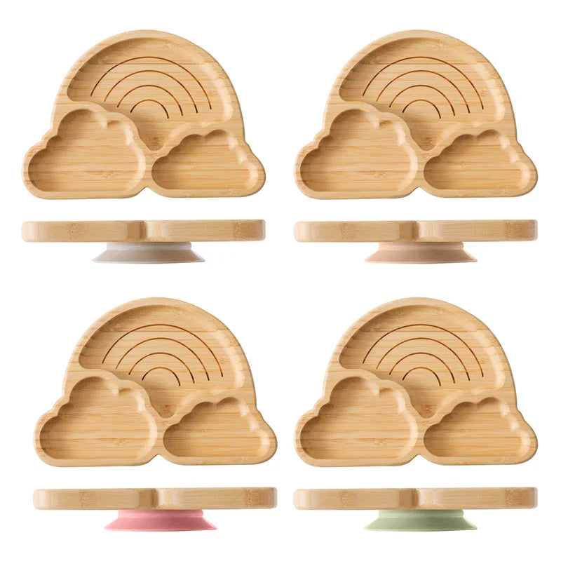 Baby Wooden Tableware Set – Bamboo Plate & Bowl with Silicone Suction Base + Wooden Handle Fork & Spoon | Cartoon Sheep Feeding Set for Toddlers & Kids