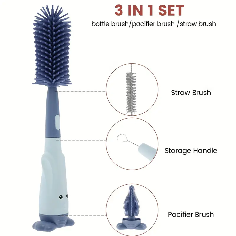 3-in-1 Baby Bottle Brush Set – Food-Grade Silicone Bottle Cleaner with Nipple Brush & Straw Brush | Multifunctional Standing Cleaning Kit for Bottles, Cups & Accessories