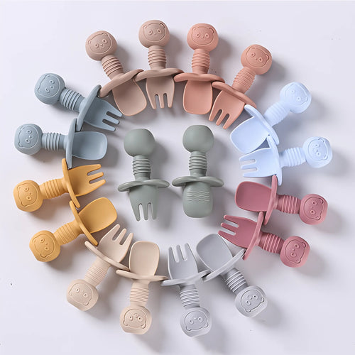 2PCS Baby Training Spoon & Fork Set – Food-Grade Silicone with Wooden Handle | BPA-Free Toddler Feeding Cutlery