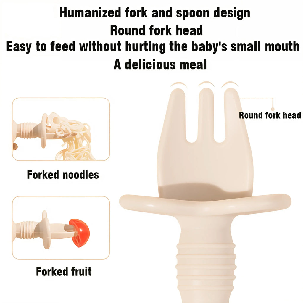 2PCS Baby Training Spoon & Fork Set – Food-Grade Silicone with Wooden Handle | BPA-Free Toddler Feeding Cutlery