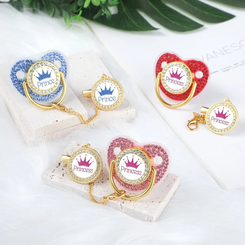 Crown Pacifier Clip Set – BPA-Free Silicone Newborn Soother with Dummy Chain & Lid | Baby Teether & Shower Gift