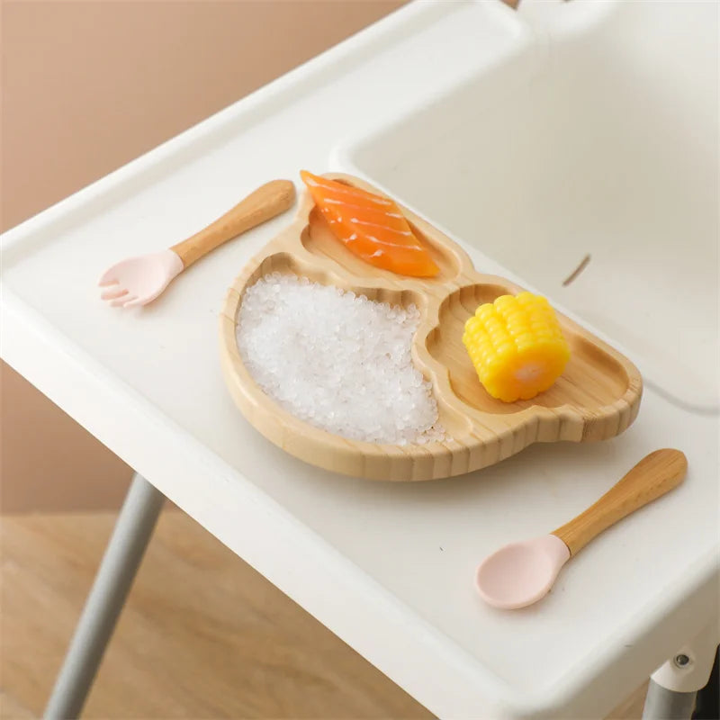 Baby Wooden Tableware Set – Bamboo Plate & Bowl with Silicone Suction Base + Wooden Handle Fork & Spoon | Cartoon Sheep Feeding Set for Toddlers & Kids