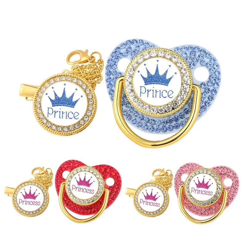 Crown Pacifier Clip Set – BPA-Free Silicone Newborn Soother with Dummy Chain & Lid | Baby Teether & Shower Gift