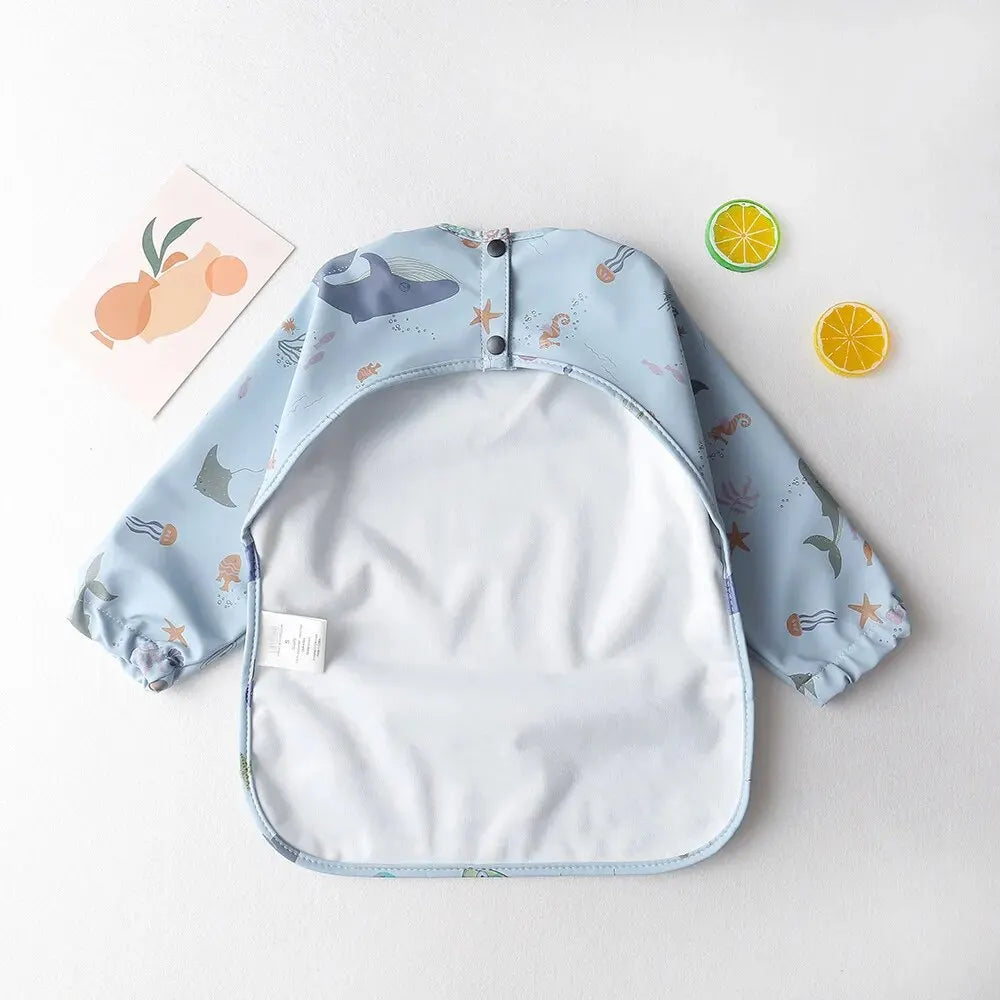 1pc Waterproof Long Sleeve Baby Bib with Pocket – Full Cover Feeding Apron Smock for Kids & Toddlers with Storage Bag