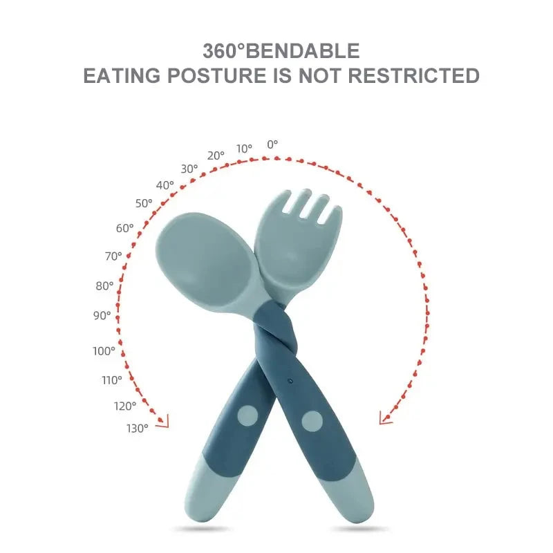 Bendable Baby Fork & Spoon Set – Soft Silicone Training Utensils | Adjustable Angle Toddler Feeding Tableware
